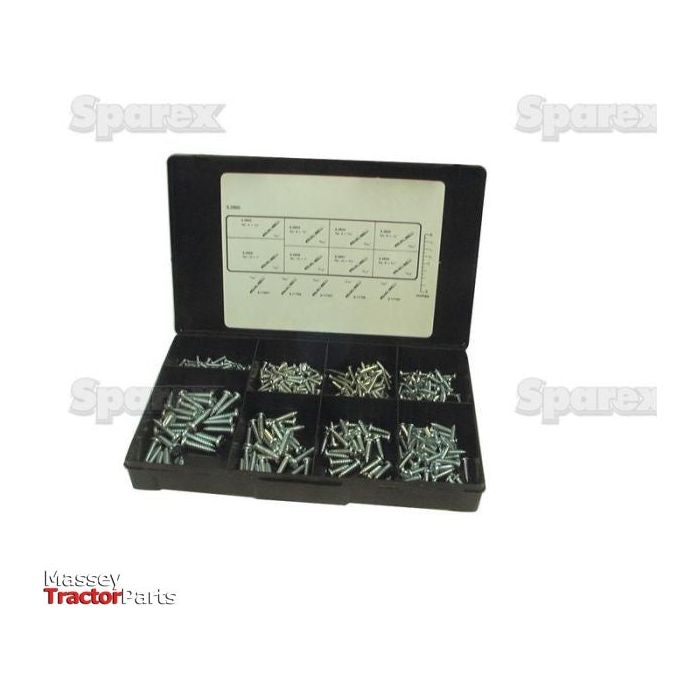 A Sparex plastic organizer box containing various sizes of Imperial Self Tapping Pan Head Screws, ranging from No.4 to No.10 and 1/2" to 1" in length (DIN 7971B), with a diagram and labels on the inside of the lid, identified by Sparex Part No.S.2860.