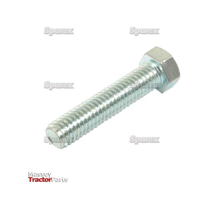 The Imperial Setscrew, a 1/2''x2'' UNC (DIN 933) bolt with an 8.8 tensile strength, features a hexagonal shaft and a zinc-plated finish for enhanced durability. In the background, the faint "Sparex" text is visible alongside the "Massey Tractor Parts" logo in the bottom-left corner. This Sparex Part No.S.4936 setscrew is ideal for secure assemblies and reliable performance.