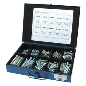 A metal storage case with multiple compartments, each holding different sizes of Sparex Imperial Setscrews ranging from 1/4 to 3/8 inches in diameter and 1 to 3 inches in length (DIN Standard Nos. DIN 931/933). A chart inside the lid lists the screw sizes, their corresponding codes (S.12342), and their tensile strength ratings of 8.8.
