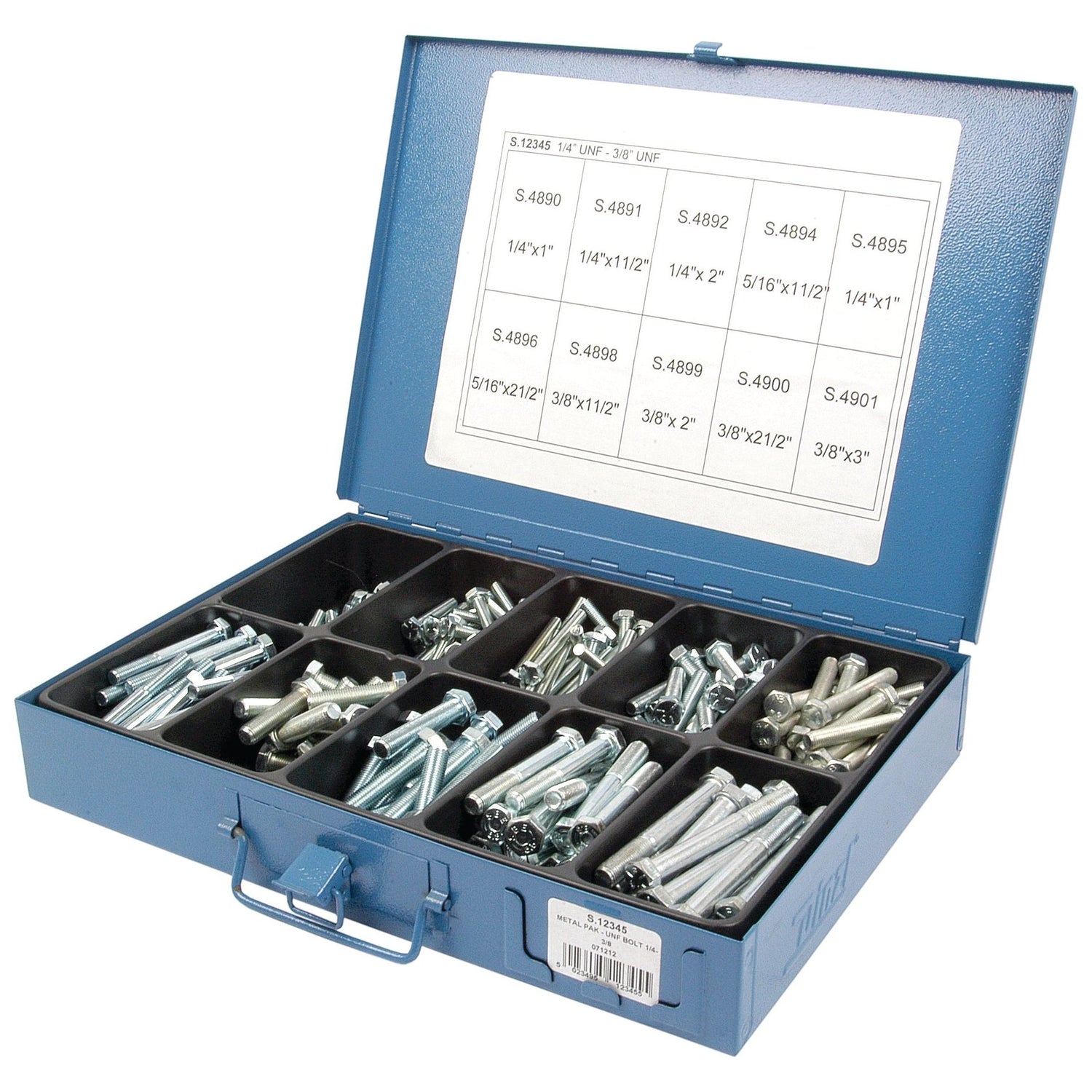 A metal case with an open lid contains various sizes of Sparex Imperial Setscrews, ranging from 1/4 - 3/8'' x 1 - 3'', including UNF types per DIN 931/933 standards, all organized in compartments. A chart detailing the sizes and tensile strength of 8.8 is affixed to the inside of the lid. The spare part number for these setscrews is S.12345.
