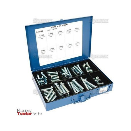 A blue metal box with multiple compartments containing a variety of Sparex Imperial setscrews and bolts in sizes ranging from 7/16'' to 1/2'' x 1'' to 4'' (DIN Standard No. DIN 931/933). The inside lid features a chart that lists bolt sizes along with their details, including the specified tensile strength of 8.8.