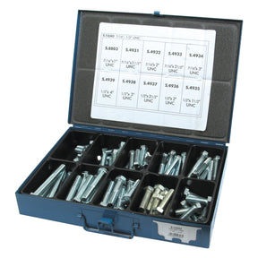 A blue metal case from Sparex, labeled with Sparex Part No. S.12343, containing various sizes of Imperial Setscrew bolts and screws (7/16 - 1/2'' x 1 - 4'') that meet DIN 931/933 standards with an 8.8 tensile strength, organized into compartments and featuring a specification label attached to the inside of the case lid.