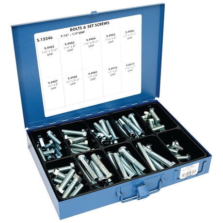 An open blue box with compartments containing various bolts and Imperial Setscrews, including a Sparex Imperial Setscrew (Size: 7/16 - 1/2'' x 1 - 4'' UNF, Standard No. DIN 931/933) with an 8.8 tensile strength rating. The lid features a chart listing different types and sizes of fasteners, along with their specifications.