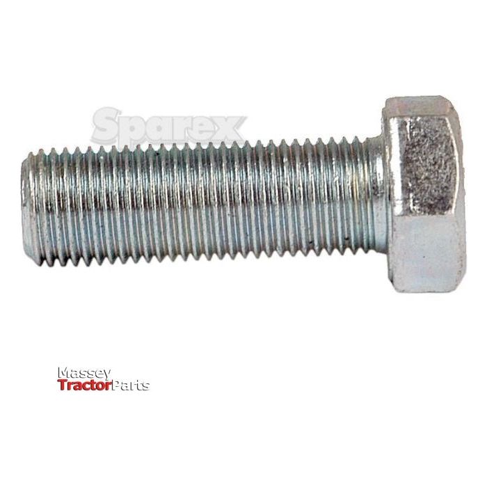 A close-up of a 1/2''x1 1/2'' Imperial Setscrew with UNF threading, showcasing its silver finish and robust design. The bolt lies horizontally, clearly displaying the detailed threading. Superimposed faintly on the image are the words "Sparex" and "Massey Tractor Parts," emphasizing its high tensile strength of 8.8 and quality manufacturing as part of Sparex Part No.S.4906.