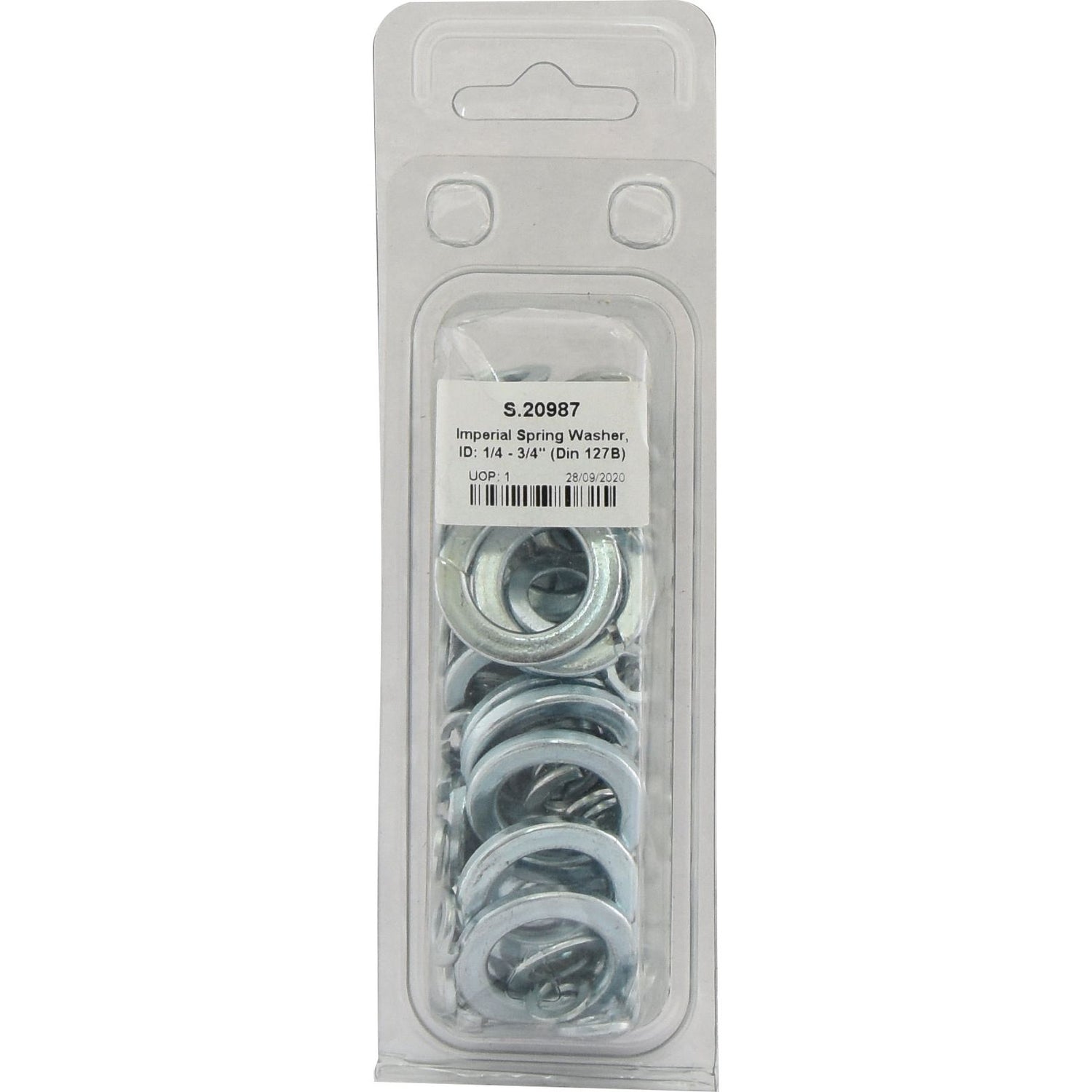 A clear plastic package containing several zinc-plated imperial spring washers, each with an inside diameter of 1/4 inch. The label reads "Sparex Imperial Spring Washer, ID: 1/4 - 3/4 DIN 127B," with a weight of 0.48kg and Sparex Part No.S.20987.