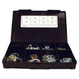 A black plastic case with dividers contains assorted metal washers, each compartment labeled with a product number, including Imperial Spring Washers (5/16 - 1'') as per DIN 127B standards, Sparex Part No. S.2994 by Sparex.