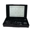 A Sparex Handipak organizer box, in black plastic, containing 780 pieces of Imperial Starlock Washers in various sizes, separated into compartments, with a reference chart for part numbers and quantities inside the lid. (Sparex Part No. S.14215).