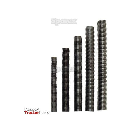 Five black Imperial Threaded Bars, each Ø5/16'' and 3 feet in length, are displayed upright against a white background. The Sparex Part No.S.3476 rods are arranged in ascending order of height from left to right, showcasing impressive tensile strength. The "Massey Tractor Parts" logo in red is positioned at the bottom left.