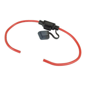 The Sparex In Line Mini Blade Fuse Holder - S.79154, shown in red with black ends, is designed to securely hold a fuse within a 20A electrical circuit. It features a protective cover on one end and accommodates 2.5mm² cable.
