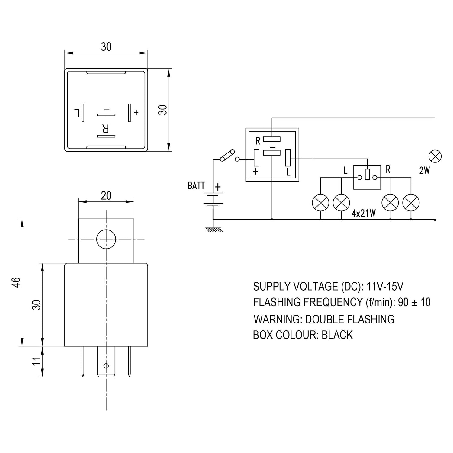 Technical diagram of the Indicator Unit - 4P (Sparex Part No. S.26421) with dimensions and wiring instructions. Supply voltage: 11V-15V DC, flashing frequency: 90 ± 10 f/min. Warning: double flashing. Box color: black. Ideal for use as an Indicator Unit or in other applications. Brought to you by Sparex.
