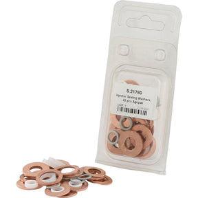 Plastic packaging containing Sparex Injector Sealing Washers (Agripak 42 pcs.) with additional washers outside the packaging. Label reads: "Injector Sealing Washers, 42 pcs Agripak, S.21780".