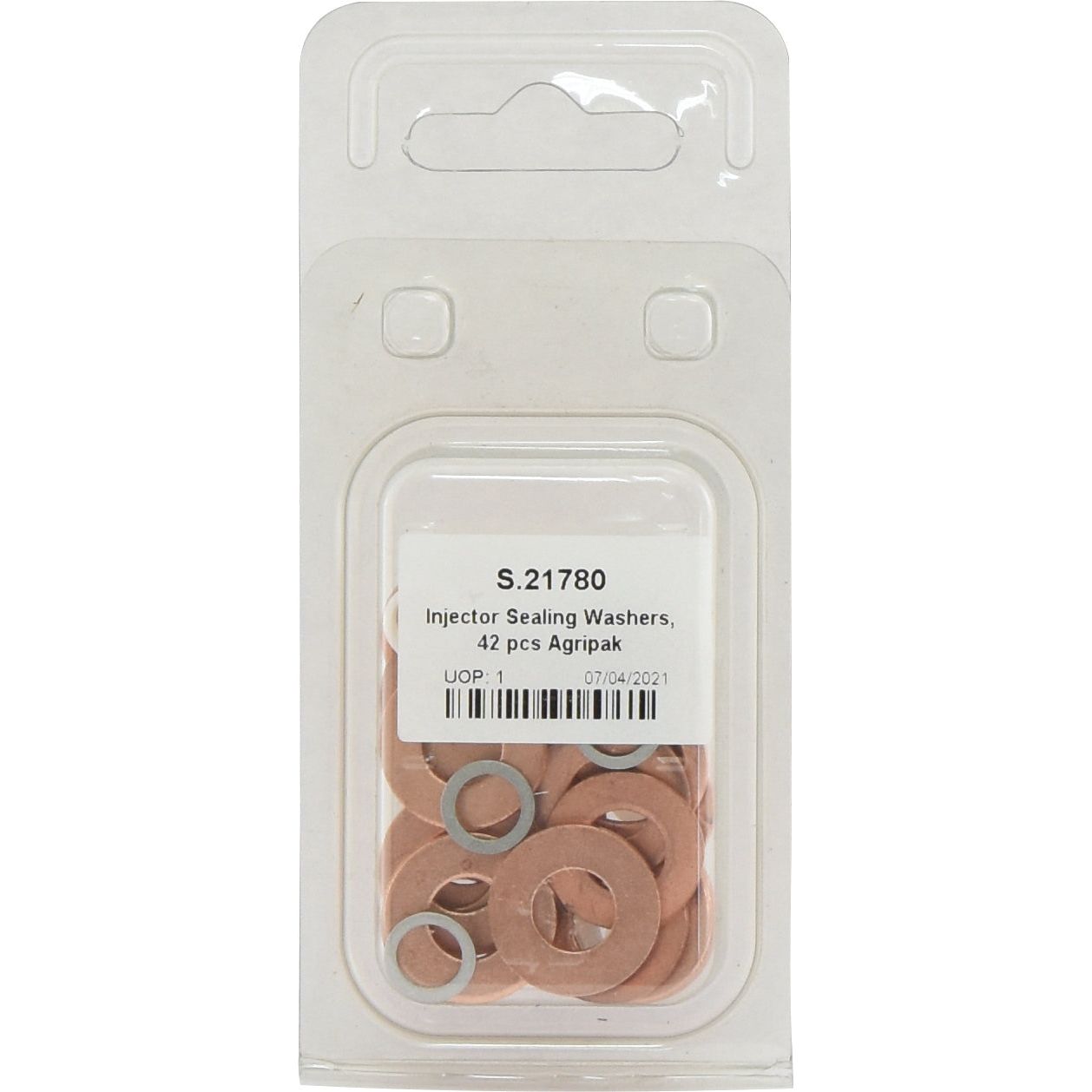 Plastic packaging containing 42 Injector Sealing Washers (Agripak) branded by Sparex, with a label displaying the part number S.21780 and a packing date of 07/04/2021.
