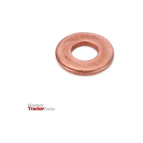 A copper washer with a central hole, used for sealing or spacing in mechanical assemblies, is displayed on a white background. The text "AGCO Massey Ferguson - Injector Washer - 3641568M1," highlighting essential tractor parts such as those for Massey Ferguson models, is in the bottom left corner.