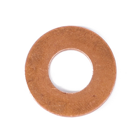 A flat, circular copper washer with a central hole, the Massey Ferguson Injector Washer 376091X1 from AGCO, is centered against a white background.