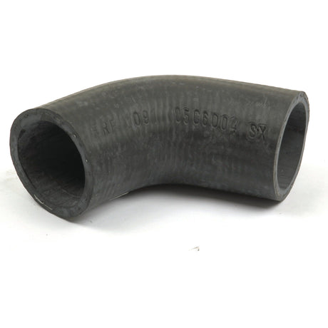 A black inlet hose made of rubber, bent at a 90-degree angle and displaying alphanumeric markings on its surface, secured with a hose clip. This Sparex Inlet Hose (Sparex Part No. S.57704) features an inner diameter of 38mm at the smaller end and 40mm at the larger end.