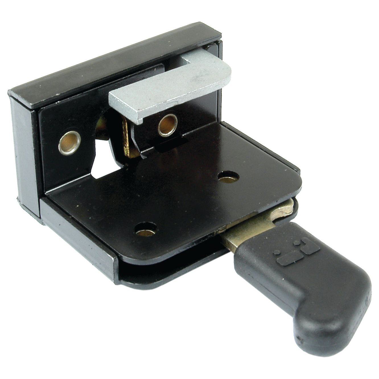 A close-up image of a black and silver locking mechanism, reminiscent of the precision seen in a Sparex Inner Door Handle LH (Sparex Part No. S.20917), featuring a central slot and a protruding black handle.