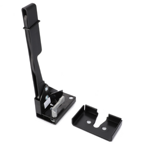 A black metal latch with a lever, reminiscent of the robust components found in an AGCO Massey Ferguson - Inner Door Handle L/H - 3804663M1, and a separate metal bracket placed beside it.