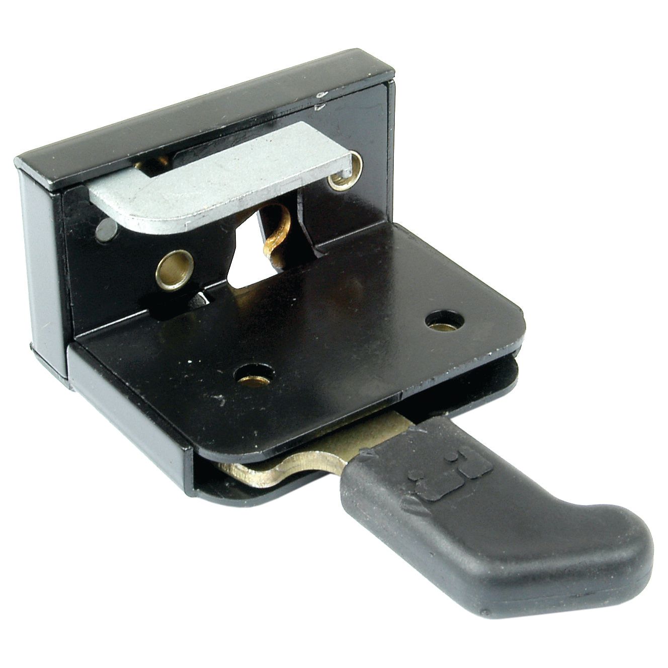 Inner Door Handle RH, Sparex Part No.S.20916 by Sparex, features a metal latch mechanism with a black handle and mounting bracket. It is designed for securing or locking components in industrial or mechanical applications, making it ideal for use with Massey Ferguson tractors.