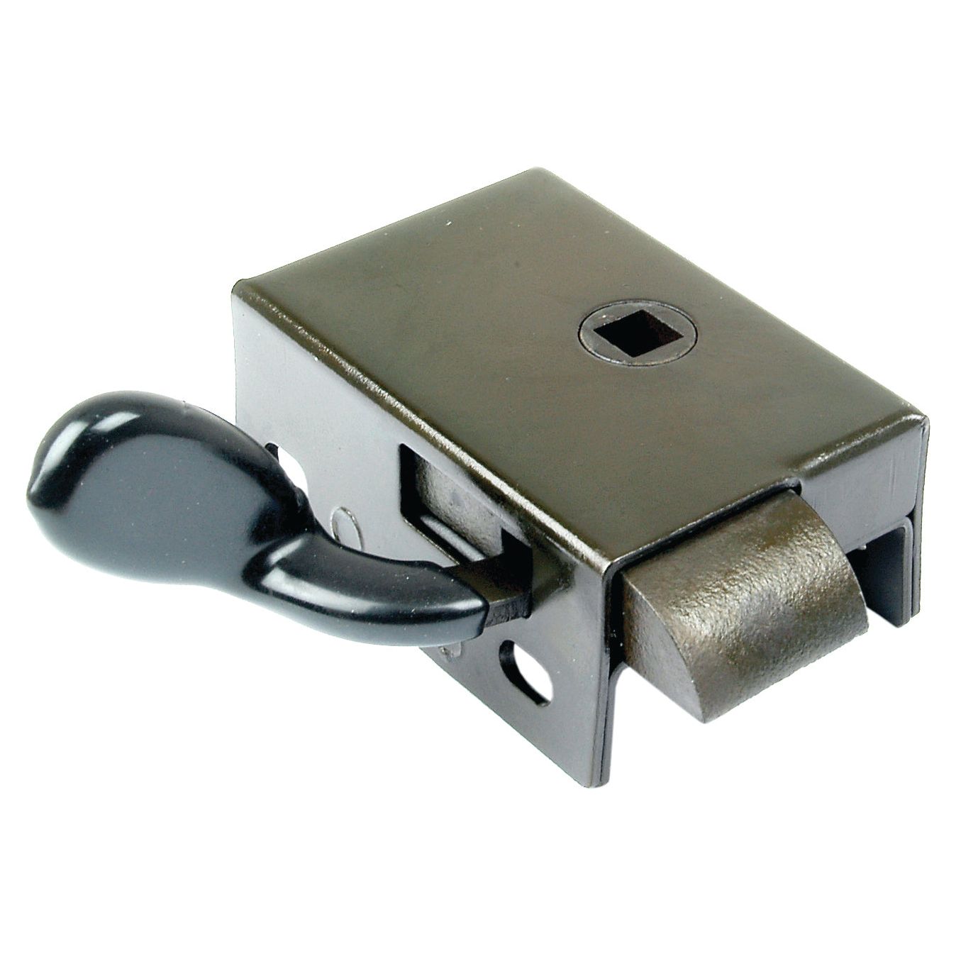The Sparex Inner Door Handle RH (Sparex Part No. S.20928) is a metal latch or lock mechanism with a black plastic lever and a rectangular hole for a key or handle, commonly found in Massey Ferguson machinery.