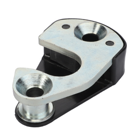 An AGCO Massey Ferguson Inner Door Latch L/H (product number 3301858M91) is a metal and plastic bracket featuring two circular holes and a curved, raised section. It is specifically designed as a left-hand side part for tractors from the Massey Ferguson 1000 Series.