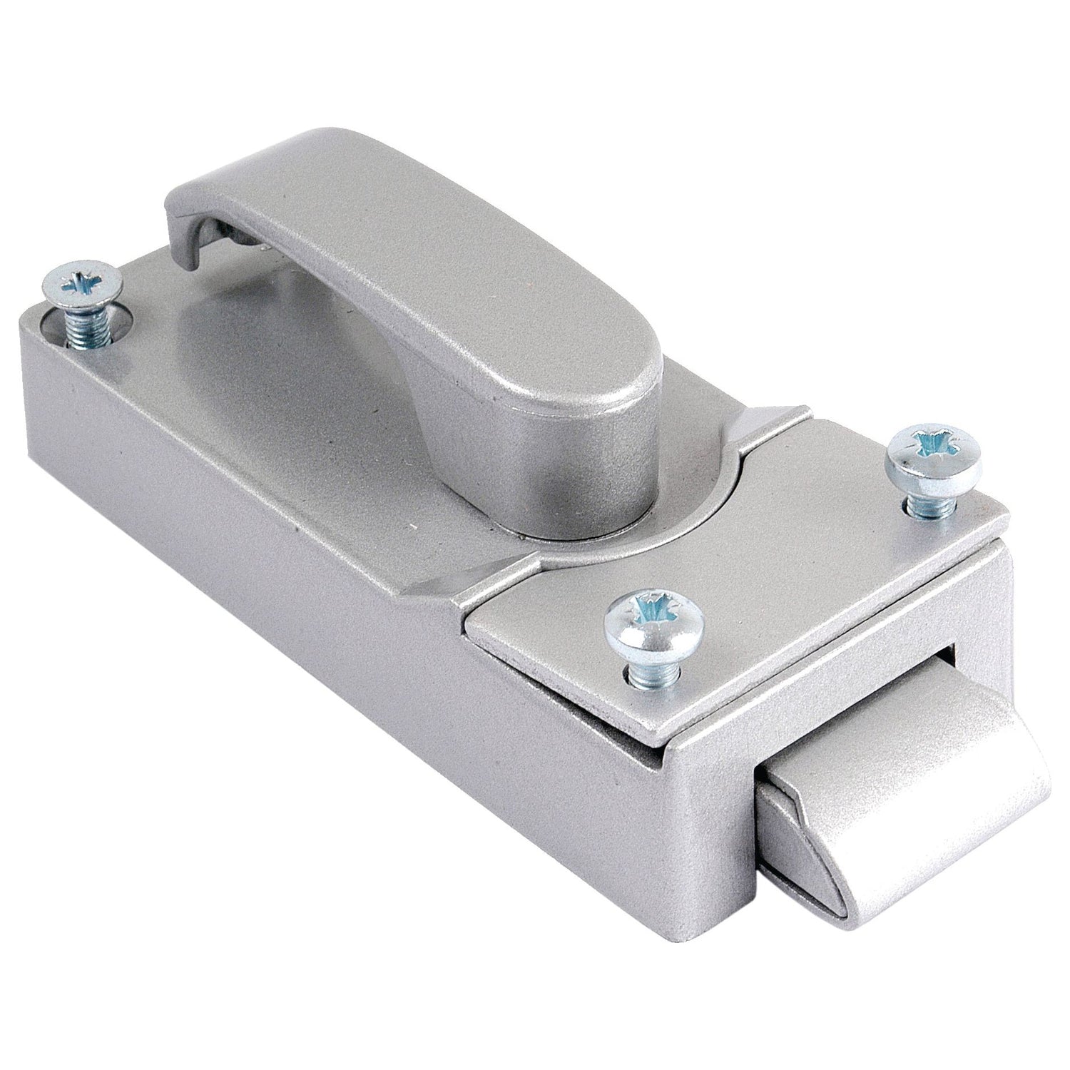 A Sparex Inner Door Lock RH & LH (Part No.S.101026) in silver, featuring a lever handle and secured with four screws, ideal for Massey Ferguson tractors.