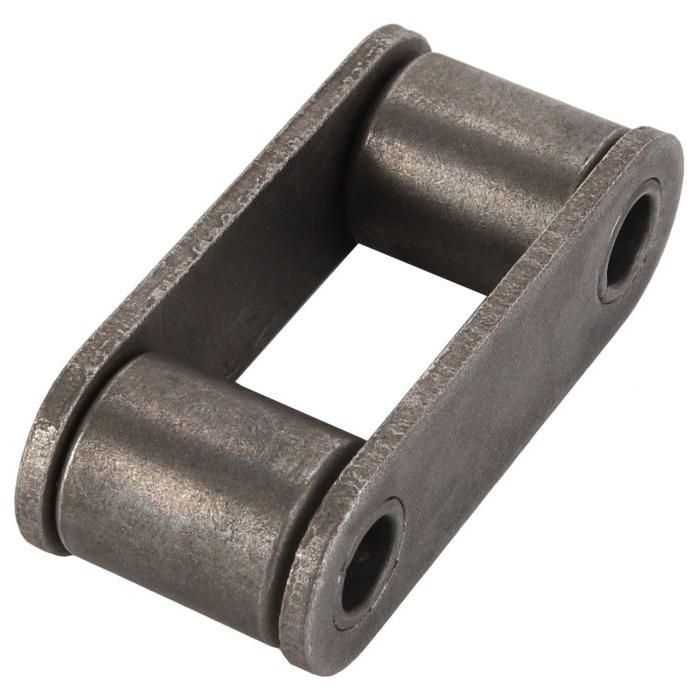 A close-up of the Massey Ferguson - Inner Link - D42354800 by AGCO, showcasing a single metal link from a roller chain, with two cylindrical rollers joined by two side plates, evokes the robust engineering typical of Massey Ferguson 7200 Series tractors.