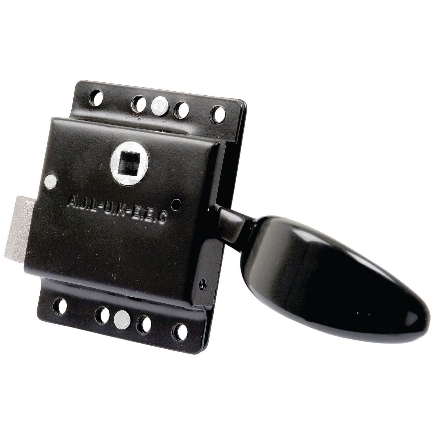 The Inner Slam Lock RH by Sparex (Part No. S.101570) is a black surface-mounted latch lock with a rectangular body, four mounting holes, a keyhole, and a black lever handle, perfect for applications in Massey Ferguson machinery.