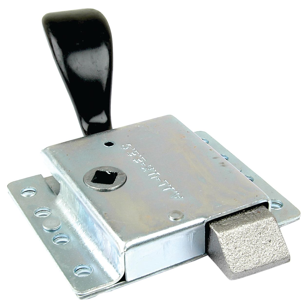 Close-up view of an Inner Slam Lock RH, Sparex Part No.S.20902, featuring a black handle with a metal latch lock. The lock is equipped with a mounting plate that has multiple holes for screws and incorporates a bolt mechanism, ensuring secure installation.