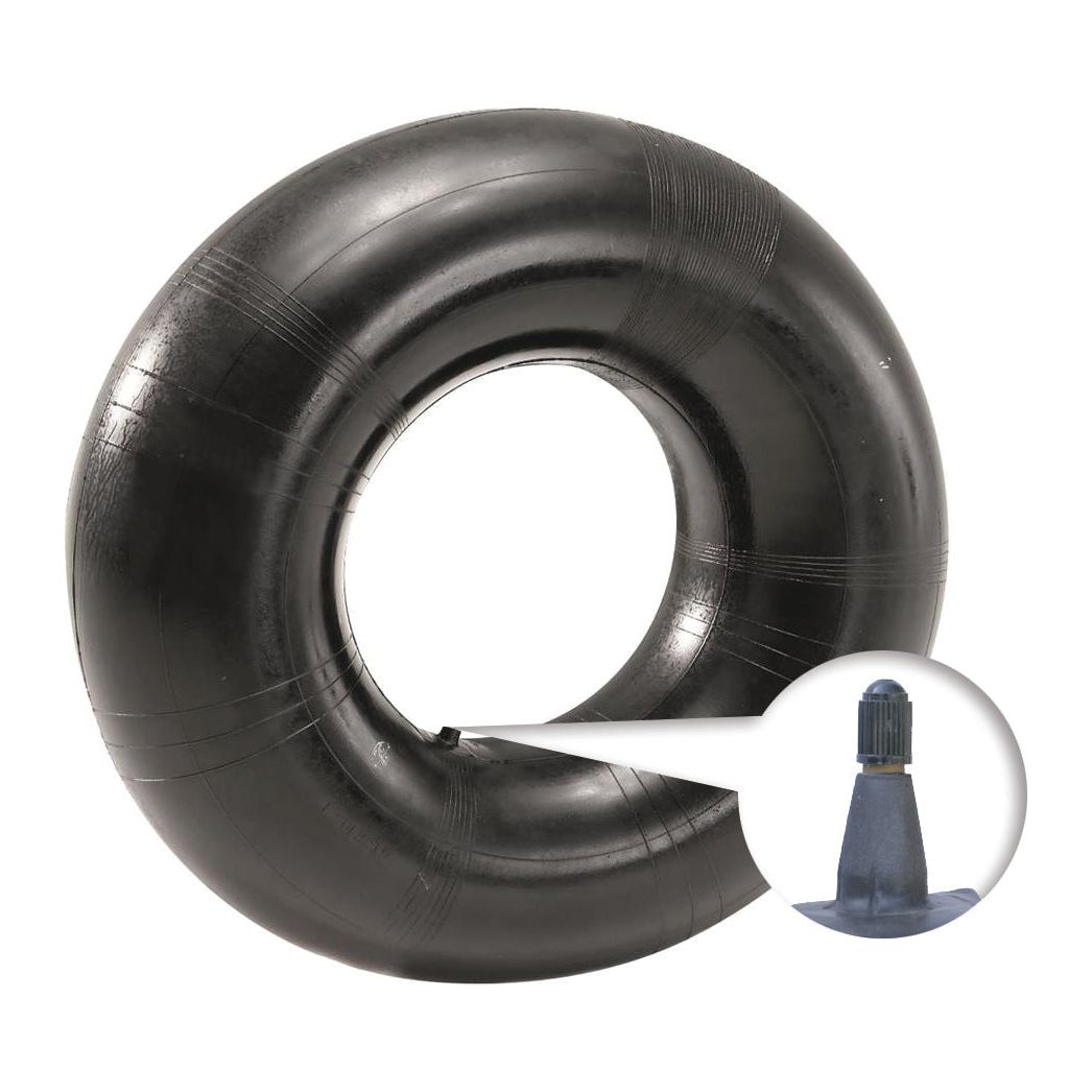 A black rubber inner tube with a circular shape, featuring a close-up inset highlighting the TR15 straight valve, ideal for various tyre sizes. 
Recommended product: Sparex Inner Tube, 12.5/80 - 18, Sparex Part No.S.137562