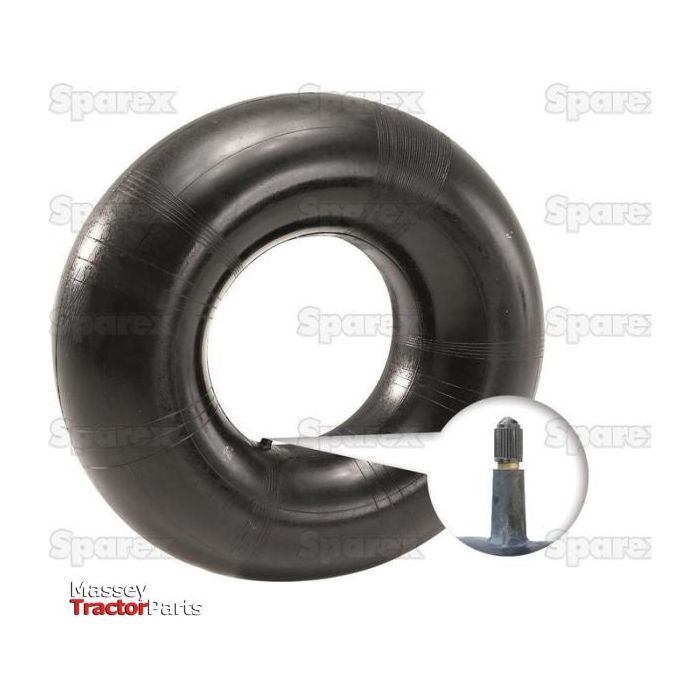 A black rubber inner tube, specified as Inner Tube, 220.50 - 6, TR13 Straight Valve (Sparex Part No. S.21385), with an inset highlighting a close-up of its TR13 straight valve stem. Logos of Sparex and Massey Tractor Parts are also visible.