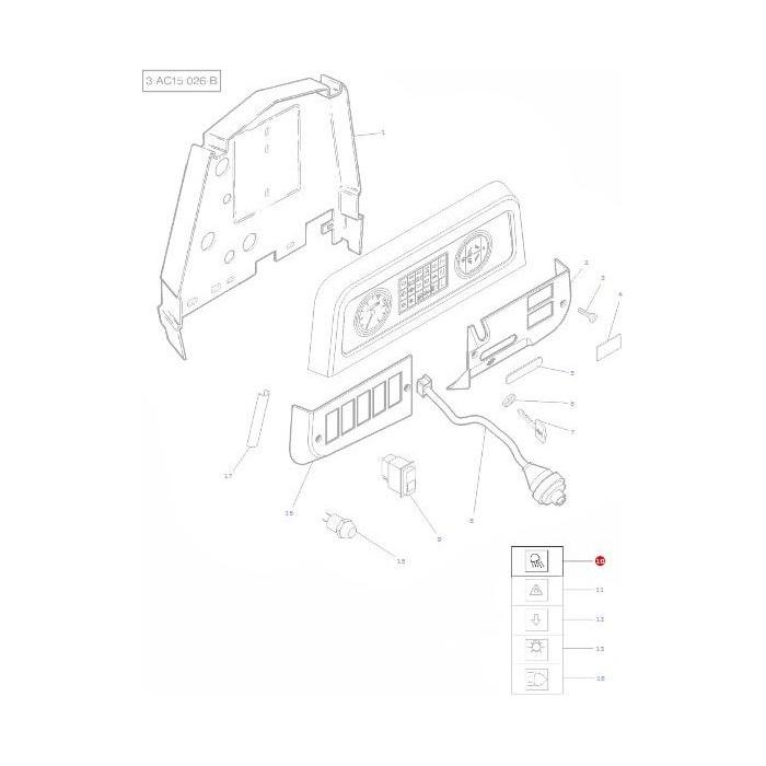 Diagram showing the exploded view of a car's dashboard panel, reminiscent of a detailed AGCO Massey Ferguson - Insert Worklight Switch - 1694369M1 manual, with individual components such as the frame, switches, connectors, and wiring labeled and numbered.