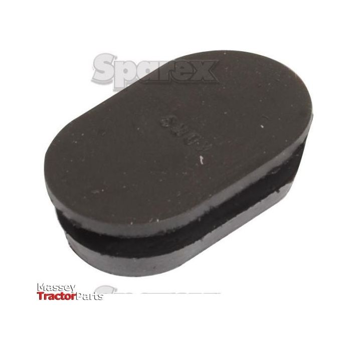 Close-up of a black rubber oval block with the text "S.43951" embossed, displayed on a white background. Branding for Sparex and compatibility details for Massey Ferguson 1014 are also visible.