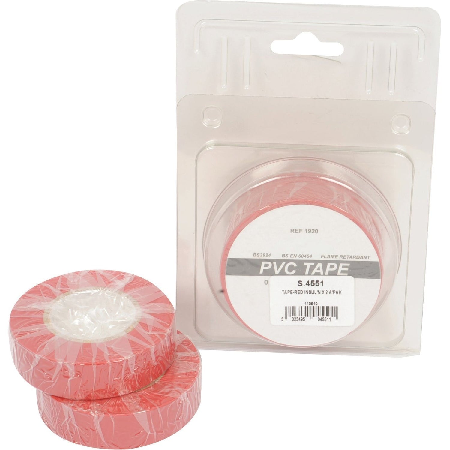 Three rolls of red insulation tape from Sparex; two are stacked on the left and one is in its original packaging on the right, perfect for 12/24V systems. Product Name: Insulation Tape, Width: 19mm x Length: 20m (Agripak 2 pcs.) - S.4551.