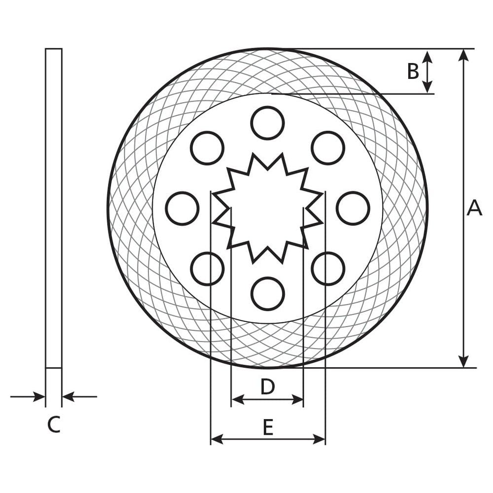 Technical drawing of a Sparex Intermediate Brake Disc (S.57299) with an outer diameter of 304mm, inner diameter E, section thickness B, radial thickness C, steel lining, and several holes arranged around a star-shaped cutout.
