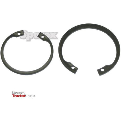 Two black internal circlips on a white background. The left one, a smaller DIN 472, is open, while the right one is a larger Sparex Internal Circlip (Part No. S.55121), measuring 110mm and almost closed.