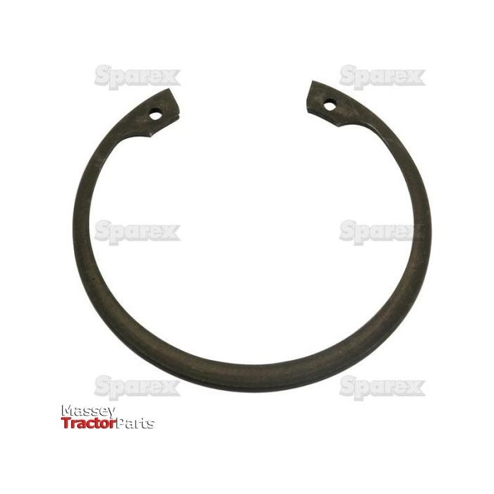 A semi-circular, metal internal circlip with two small holes at the ends. The background includes the words "Sparex" watermarked multiple times. The text "Massey Tractor Parts" is at the bottom left and indicates compliance with DIN 472 standards. The product is listed as an Internal Circlip, 76mm (DIN | Standard No. DIN 472) | Sparex Part No.S.41625 from Sparex.