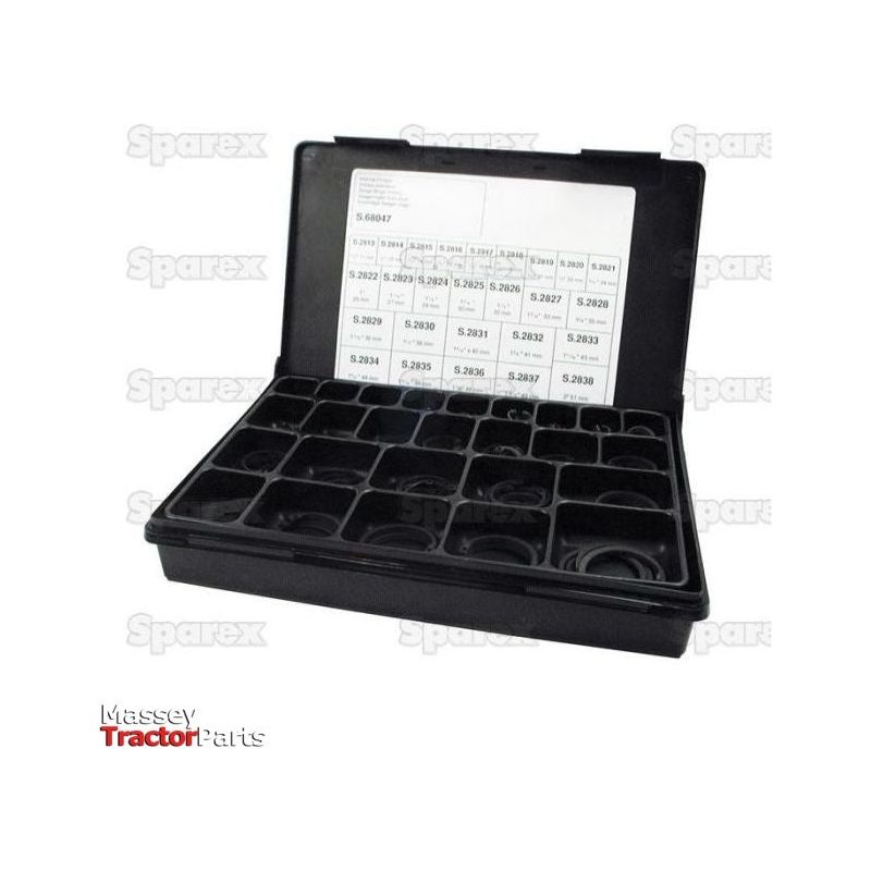 A black plastic organizer box with multiple compartments, containing an assortment of 330 internal circlips sized according to DIN Standard No. 472. The lid is open, displaying a size chart inside. The "Massey Tractor Parts" logo is at the bottom left corner. This Sparex product (Sparex Part No.S.68047) includes additional space for different sizes of internal circlips in compliance with DIN Standard 472.
