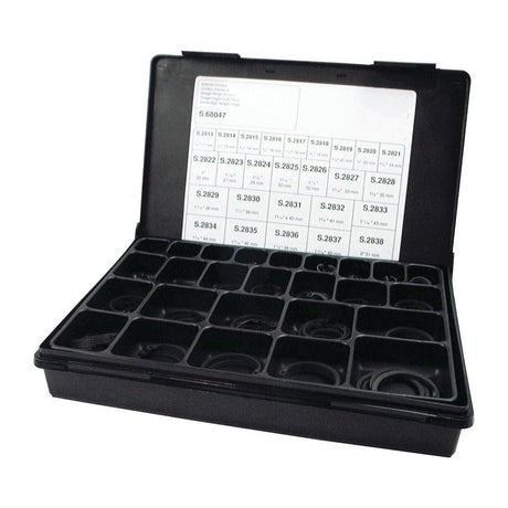 The Sparex Internal Circlip - Assortment, 330 pcs. Compak., housed in a black plastic organizer box with multiple compartments, includes an assortment of O-rings and internal circlips. The inside of the lid features a labeled chart specifying various sizes according to DIN Standard 472. Sparex Part No.S.68047 is also indicated on the product.