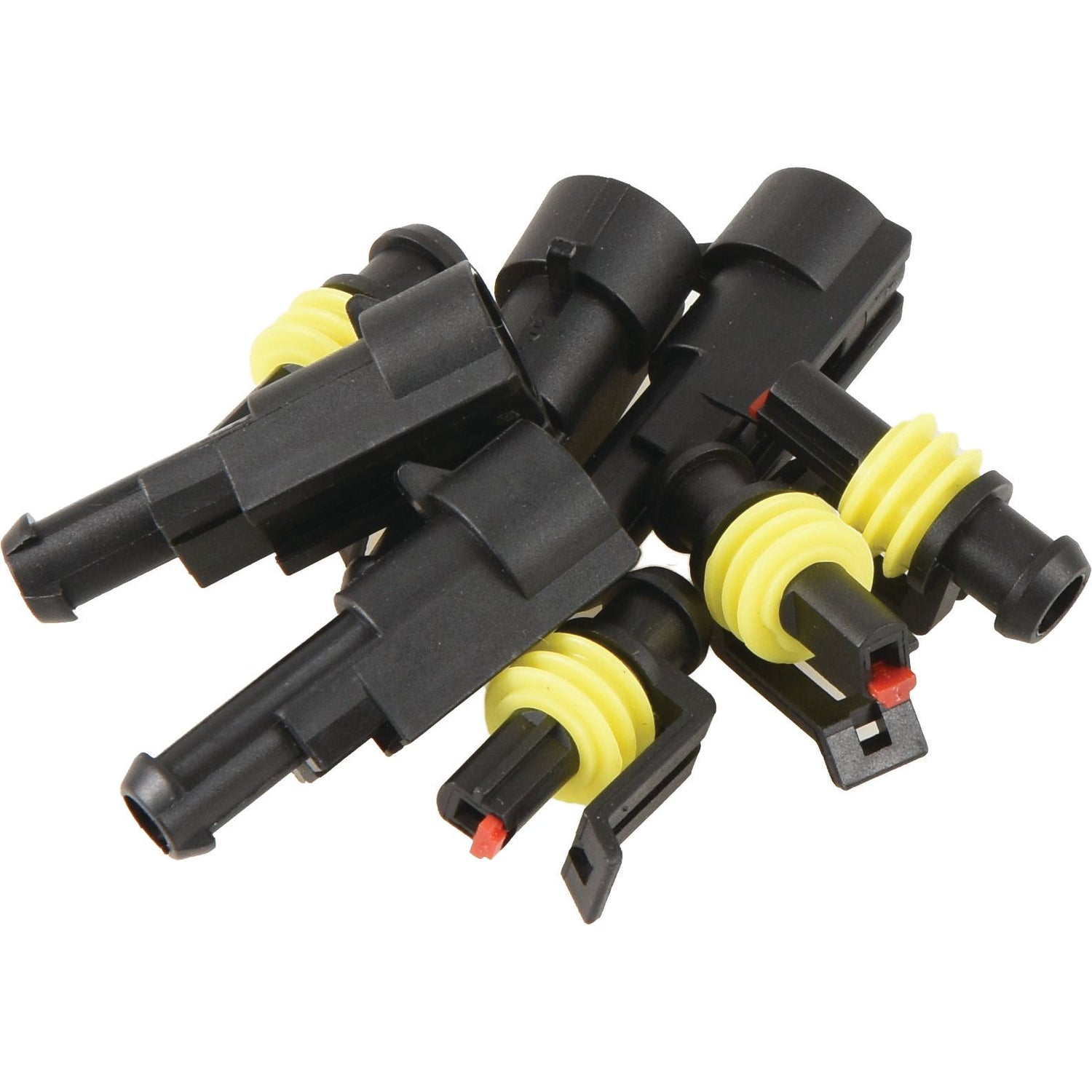 The Italian Superseal 1 Pole Refill 8pcs - S.153134 by Sparex consists of a collection of black plastic connectors with yellow seals and red tips, arranged in a pile, featuring both male and female connectors.