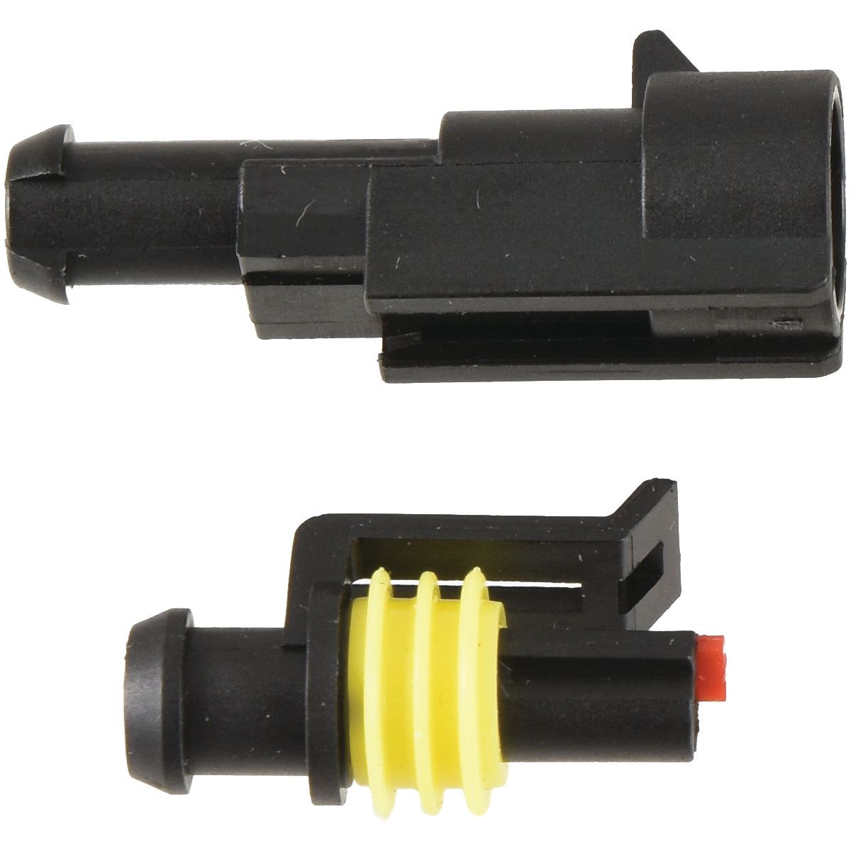 Two black electrical connectors, one featuring a yellow ring and red tip component, are displayed against a white background. Both cylindrical connectors incorporate components from the Sparex Italian Superseal 1 Pole Refill 8pcs - S.153134 for enhanced reliability.