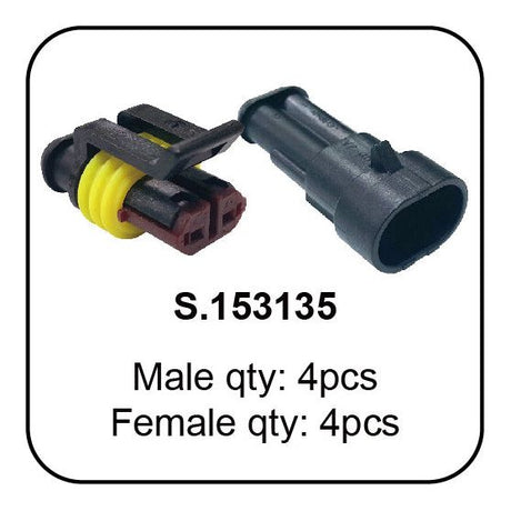 Image of a black electrical connector plug with yellow and red components, labeled as "Italian Superseal 2 Pole Refill 8pcs - S.153135" from Sparex. The text indicates quantities: Male qty: 4 pcs., Female qty: 4 pcs.