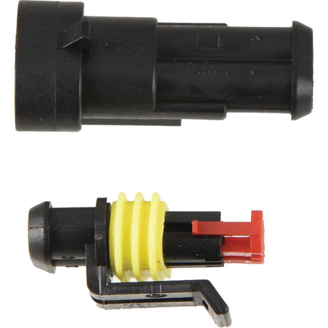 Close-up of the Italian Superseal 2 Pole Refill, model S.153135 by Sparex, featuring a black electrical connector with a yellow sealing ring and a red locking mechanism, shown in two pieces separated for clarity. This product includes 4 male connectors and 4 female connectors.