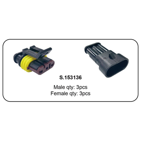 Image showing a Sparex product labeled "S.153136," which is the Italian Superseal 3 Pole Refill 6pcs. The set includes three male connectors and three female connectors.