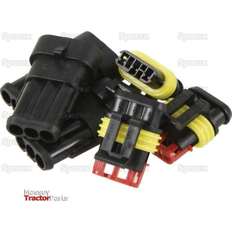 A close-up image of an Italian Superseal 3 Pole Refill 6pcs - S.153136 electrical connector, featuring a black and yellow design with multiple ports and inserted wires. The background subtly displays "Sparex" logos. The "Massey Tractor Parts" logo in the corner underscores the reliability of both male and female connectors from Sparex.