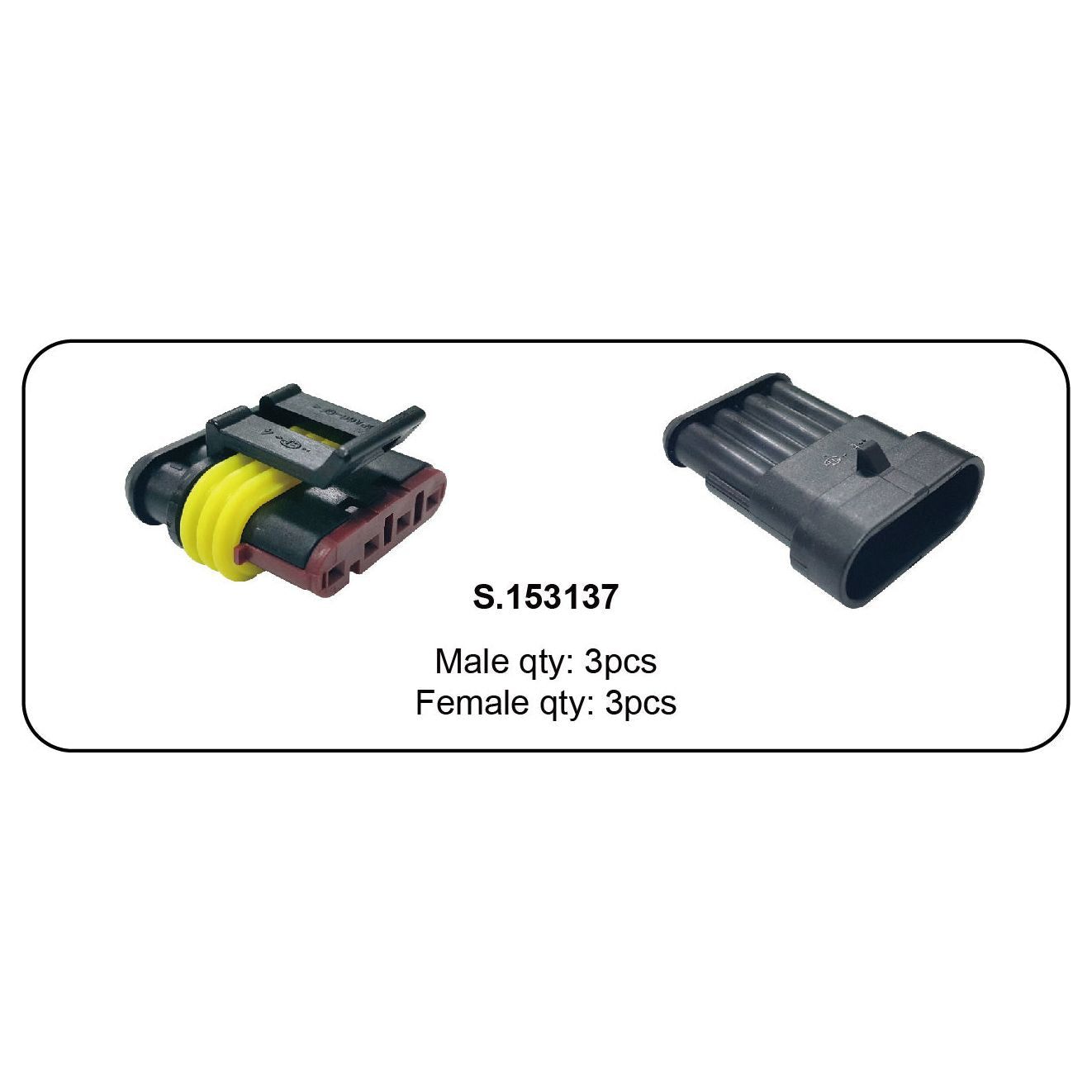 An image showing male and female electrical connectors labeled as Italian Superseal 4 Pole Refill 6pcs - S.153137 by Sparex, with a quantity of 3 pieces each for both male and female connectors, making it an ideal OEM replacement.
