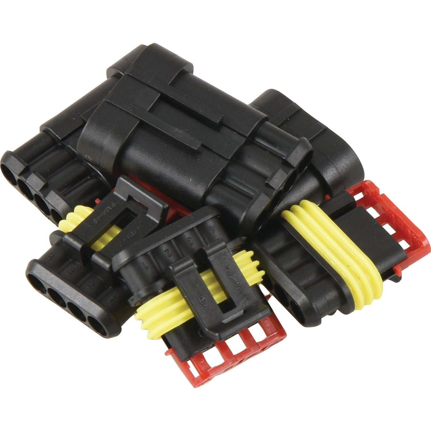 The Italian Superseal 4 Pole Refill 6pcs - S.153137 by Sparex is a set of black automotive electrical connectors, perfect as OEM replacements, featuring yellow seals and red locking tabs.