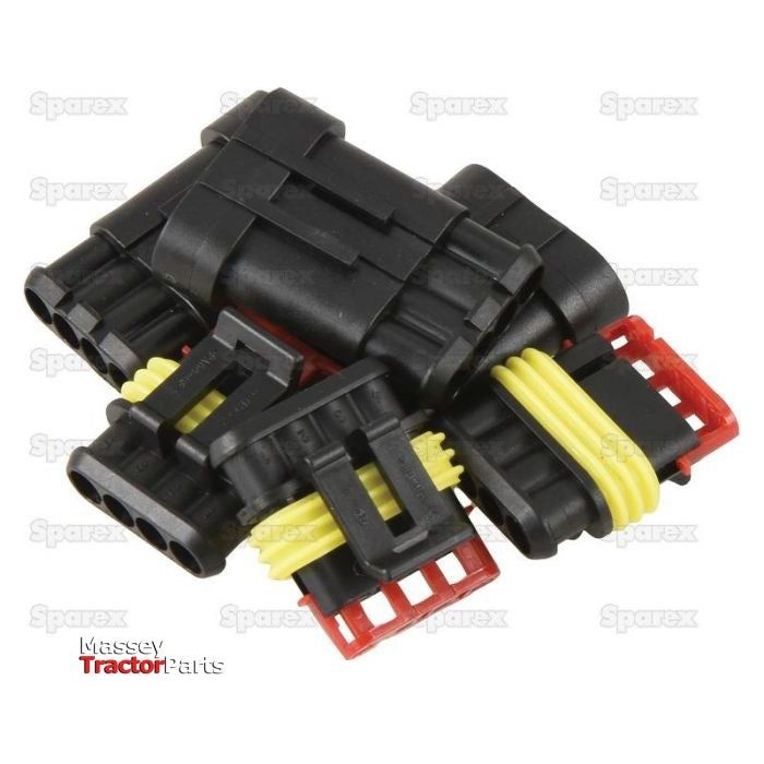 A close-up image of black, yellow, and red electrical connectors stacked together, used for tractor parts. These OEM replacement Italian Superseal 4 Pole Refill 6pcs (S.153137) connectors from Sparex ensure seamless integration and dependable performance.