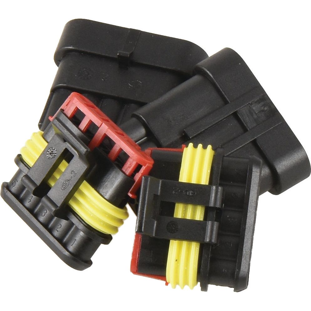 Close-up of three black electrical connectors, including both male and female connectors, with yellow and red seals, from the Italian Superseal 5 Pole Refill 4pcs - S.153138 by Sparex, arranged together on a white background.