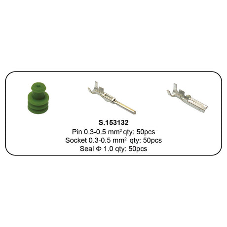 The image displays connector components with labels: Pin 0.3-0.5mm² (qty: 50), Socket 0.3-0.5mm² (qty: 50), and Seal Ø 1.0 (qty: 50). Part number S.153132, for the Italian Superseal Pin & Seal Refill 150pcs by Sparex, is noted with the components shown on a white background.