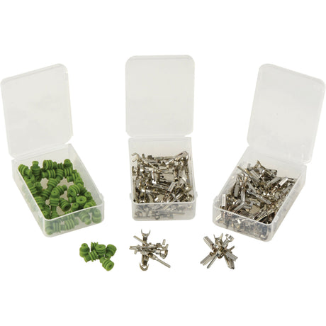 Three open plastic containers display green cable end caps and various metallic terminal connectors, including Socket 0.3-0.5mm² options, against a white background. Additional terminal connectors and caps from the Italian Superseal Pin & Seal Refill 150pcs - S.153132 by Sparex are also placed outside the boxes.